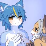  1:1 2019 5_fingers anthro big_breasts blue_body blue_fur blue_hair bodily_fluids breasts brown_eyes canid canine chest_tuft cum duo ear_tuft female female/female fingers fox fur genital_fluids grey_hair hair kemono looking_at_viewer mammal nanahoshi_suzu occhan ohakotome open_mouth open_smile pawpads purple_background red_eyes simple_background smile snout tan_body tan_fur teeth tuft 