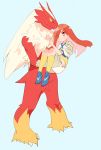  anthro blaziken blue_clothing blue_eyes blue_footwear clothed clothing duo feather_tuft feathers female footwear fully_clothed hair hi_res human legwear looking_at_another male mammal nintendo nude pok&eacute;mon pok&eacute;mon_(species) red_body red_feathers simple_background socks tuft video_games yellow_body yellow_clothing yellow_legwear yellow_socks yuzupomu 