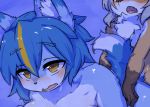  2019 ambiguous_penetration anthro big_breasts blue_body blue_fur blue_hair blush breasts canid canine chest_tuft duo ear_tuft female female/female fox fur grey_hair hair kemono looking_pleasured mammal nanahoshi_suzu occhan ohakotome open_mouth penetration purple_background red_eyes simple_background snout tan_body tan_fur tongue tuft yellow_eyes 