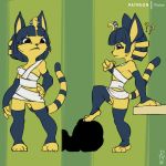  1:1 2020 animal_crossing ankha_(animal_crossing) anthro armwear bandage blue_hair breasts clothing digital_media_(artwork) domestic_cat duo egyptian felid feline felis female fur hair legwear mammal nintendo pyriax simple_background solo step_pose uraeus video_games yellow_body 