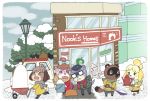  2018 animal_crossing anthro blue_eyes bodily_fluids bottomwear canid canine canis clothing detailed_background digby_(animal_crossing) domestic_dog eyewear glasses group hellox2 isabelle_(animal_crossing) lottie_(animal_crossing) lutrine lyle_(animal_crossing) mammal mustelid nintendo pants raccoon_dog scarf snow sweat sweater tanuki tom_nook_(animal_crossing) topwear video_games winter 
