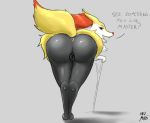  animal_genitalia animal_pussy anthro anus braixen butt canid canine canine_pussy dialogue female genitals hi_res mammal nintendo pok&eacute;mon pok&eacute;mon_(species) pussy rear_view simple_background solo unusualmatias video_games 