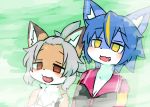  2019 anthro blue_body blue_fur blue_hair blush breasts canid canine cleavage clothed clothing cute_fangs duo female fluffy fluffy_tail fox fur grey_hair hair kemono mammal nanahoshi_suzu occhan ohakotome open_mouth open_smile smile steam tan_body tan_fur topwear 