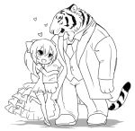  &lt;3 2017 anthro duo eyes_closed felid female giraffe_(artist) human male mammal monochrome pantherine simple_background smile standing tiger white_background 