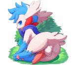  absurd_res alternate_color animal_genitalia animal_penis anus balls biting_clothing blue_body blue_eyes blue_fur bluestorm blush bodily_fluids butt canine_penis cum cum_on_ground cute_fangs digitigrade erection feral fur genital_fluids genitals grass hi_res knot legendary_pok&eacute;mon looking_at_viewer lying male nintendo on_side pawpads penis pink_pawpads plattyneko pok&eacute;mon pok&eacute;mon_(species) pok&eacute;mon_mystery_dungeon presenting presenting_hindquarters quadruped shaded shaymin simple_background sky_forme_shaymin solo time_gear video_games white_background white_body white_fur 