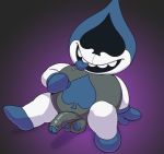  &spades; 2018 absurd_res balls belly blue_glans blue_tongue bodily_fluids clothing darkner deltarune eyeless foreskin front_view genitals glans gloves grey_balls grey_penis handwear hi_res humanoid humanoid_genitalia humanoid_penis lancer_(deltarune) male nokemop not_furry open_mouth open_smile partially_retracted_foreskin penis purple_background saliva simple_background sitting smile solo spades suit_symbol teeth tight_clothing tongue tongue_out uncut video_games white_body young 