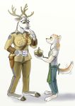  anthro antlers apron baked_goods beatrix_nikostytar canid canine canis capreoline capt_hairball cervid clothing disney duo female hi_res horn larger_female male mammal reindeer rimpssie_specsson runes sheriff size_difference smaller_male wolf zootopia 