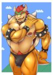  absurd_res anthro armpit_hair biceps big_muscles body_hair bowser bracelet bulge clothed clothing collar dragon genitals hair headgear headwear hi_res horn jewelry koffisusu69 koopa male mammal manly mario_bros muscular muscular_male nintendo nipples open_mouth pecs penis pubes red_eyes red_hair reptile scalie sharp_teeth shell simple_background solo spiked_bracelet spiked_collar spikes standing teeth thong topless turtle_shell underwear video_games yellow_body 