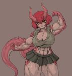  abs animal_humanoid biceps big_breasts bottomwear breasts clothing dragon dragon_humanoid female flexing grin hair horn huge_breasts humanoid looking_at_viewer midriff miniskirt muscular muscular_female muscular_thighs not_furry orange_eyes pink_body pink_horn pink_scales red_hair scales sharp_teeth sheepapp short_hair skirt sleeveless_shirt smile solo teeth thick_thighs 