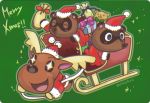  2016 animal_crossing anthro brown_body brown_fur canid canine capreoline cervid christmas clothing eyes_closed fur group hat headgear headwear hellox2 holidays jingle_(animal_crossing) mammal nintendo raccoon_dog reindeer santa_hat simple_background tanuki text timmy_nook tommy_nook video_games 