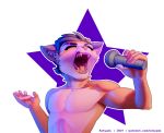  2019 5_fingers abstract_background anthro domestic_cat eyes_closed fangs felid feline felis fingers hair kotyami male mammal microphone open_mouth simple_background singing solo star teeth text tongue url 