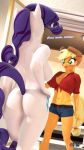  3d_(artwork) 9:16 anthro anthroponiessfm applejack_(mlp) big_breasts breasts butt clothed clothing dialogue digital_media_(artwork) duo english_text equid equine female friendship_is_magic hand_on_hip hi_res horse mammal my_little_pony nude pony rarity_(mlp) rear_view text 