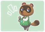  2017 animal_crossing anthro belly blue_eyes bottomwear brown_body brown_fur canid canine clothing fur hellox2 mammal nintendo pants phone raccoon_dog simple_background slightly_chubby solo tanuki tom_nook_(animal_crossing) video_games 