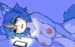  16:10 2019 anthro areola big_breasts blue_body blue_fur blue_hair breasts canid canine cellphone female fingering fox fur hair kemono light lying mammal masturbation nanahoshi_suzu nipples ohakotome on_side open_mouth phone smartphone solo widescreen yellow_eyes 