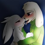  1:1 anthro asriel_dreemurr black_eyes blue_background blush bodily_fluids bovid caprine clothed clothing cute_fangs duo empty_eyes female french_kissing fully_clothed fur goat green_clothing green_shirt green_topwear grey_eyes guardian_spirit half-closed_eyes hand_on_chin kissing male male/female mammal narrowed_eyes nude ori ori_and_the_blind_forest saliva saliva_string shirt simple_background tongue tongue_out topwear undertale video_games white_body white_fur yorokobipresent 