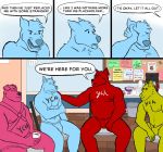  anthro bodily_fluids bulge canid canine canis clothing comic crying domestic_dog english_text group harness humor male mammal nipples pecs speedo support_group swimwear tears telescopemonkey text therapy ych_(character) 