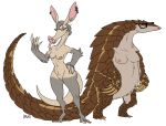  aardvark anthro biped breasts digital_media_(artwork) duo eyewear female fur genitals glasses haifisch_ehrlich hair mammal nipples pangolin piercing pussy signature simple_background standing tongue tongue_out white_background 