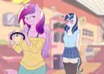  absurd_res anthro apricalico blush bottomwear breasts cleavage clothed clothing collar crossgender duo equid friendship_is_magic hi_res horn looking_back mammal my_little_pony princess_cadance_(mlp) shining_armor_(mlp) skirt unicorn winged_unicorn wings 