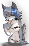  2020 after_transformation anthro black_nose bodily_fluids breast_expansion breasts canid canine canis clothing drooling female fur grey_body grey_fur hi_res kemono looking_at_viewer mammal navel open_mouth saliva simple_background solo tears tongue tongue_out toribako torn_clothing wolf yellow_eyes 
