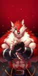  2020 5_fingers abs absurd_res anthro belt biceps big_muscles black_nose canid canine canis chest_tuft claws clothed clothing eye_patch eyewear fingers fluffy fur gloves grin handwear hi_res looking_at_viewer male mammal muscular muscular_male pecs red_body red_fur rex_(takemoto_arashi) signature smile solo takemoto_arashi topless tuft white_body white_fur wolf yellow_eyes 