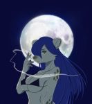  2020 absurd_res anthro blue_hair cigarette clothed clothing elza_(ishuzoku_reviewers) female hair hi_res holding_cigarette hyaenid ishuzoku_reviewers looking_at_viewer mammal moon nipple_outline skimpy smoking solo spots spotted_body supasars742 