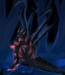  anonymous_artist anthro blood bodily_fluids claws dragon gore hi_res horn male membrane_(anatomy) red_eyes scalie sitting solo vein wounded 