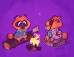  2020 animal_crossing anthro brown_body brown_fur canid canine clothing duo eating fire food fur hi_res humanoid_hands janegumball mammal marshmallow nintendo raccoon_dog shirt simple_background sitting tanuki timmy_nook tommy_nook topwear video_games 