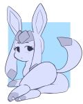  2019 3_toes blue_background butt eeveelution eyebrows eyelashes female feral glaceon hearlesssoul hi_res leg_markings looking_at_viewer looking_back lying markings monochrome nintendo on_front on_ground pawpads paws pok&eacute;mon pok&eacute;mon_(species) rear_view simple_background socks_(marking) solo toes video_games white_background 