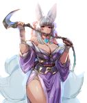  2020 animal_humanoid asian_clothing big_breasts bow_(artist) breasts canid canid_humanoid canine canine_humanoid chain cleavage clothed clothing east_asian_clothing female fox_humanoid grey_hair hair humanoid japanese_clothing jewelry kimono mammal mammal_humanoid melee_weapon multi_tail necklace obi off_shoulder red_eyes simple_background weapon white_background 