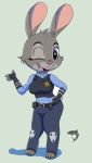  2018 absurd_res anthro breasts buckteeth cheek_tuft clothed clothing disney facial_tuft female fully_clothed fur grey_body grey_fur hi_res judy_hopps lagomorph leporid mammal one_eye_closed open_mouth open_smile purple_eyes rabbit simple_background smile solo teeth thebmeister tuft wink zootopia 