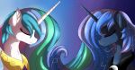  absurd_res constellation duo equid eyes_closed female friendship_is_magic hi_res horn mammal my_little_pony orangejuicerus princess_celestia_(mlp) princess_luna_(mlp) smile winged_unicorn wings 