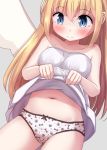  2020 angel blonde_hair blue_eyes blush breasts clothed clothing clothing_lift crimvael female hair humanoid ishuzoku_reviewers motiyuki navel not_furry panties shirt shirt_lift solo topwear underwear winged_humanoid wings 