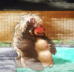  2020 anthro bathing belly blush brown_body brown_fur canid canine drawing_herang eyes_closed fur goemon_(tas) kemono male mammal moobs night nipples outside overweight overweight_male raccoon_dog solo tanuki tokyo_afterschool_summoners video_games water 