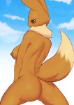  absurd_res anthro anthrofied areola bedroom_eyes big_butt breasts brown_areola brown_body brown_eyes brown_fur brown_nipples brown_tail butt dipstick_tail eevee female fur hi_res looking_at_viewer looking_back mole_(marking) multicolored_tail narrowed_eyes neck_tuft nintendo nipples nude pok&eacute;mon pok&eacute;mon_(species) rear_view seductive simple_background sky solo tuft umisag85rabb99 video_games 