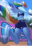  anthro anthrofied bottomwear camel_toe chrysalisdraws clothing equid equine female finish_line friendship_is_magic hi_res horseshoe low-angle_view mammal my_little_pony pterippus purple_eyes rainbow_dash_(mlp) running shorts solo wings worm&#039;s-eye_view 