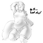  1:1 4_fingers anthro belly bernese_mountain_dog biped breasts bulge canid canine canis clothed clothing dayy_(dayynieldoodle) dayynieldoodle digital_media_(artwork) domestic_dog embarrassed english_text fingers fur genital_outline gynomorph hair half-closed_eyes hands_behind_head hi_res intersex inverted_nipples legwear lingerie mammal molosser monochrome mountain_dog narrowed_eyes navel nipples open_mouth open_smile panties paws penis_outline simple_background slightly_chubby smile solo standing stockings swiss_mountain_dog text thick_thighs thigh_highs topless underwear white_background wide_hips 