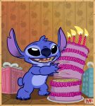  2020 4_fingers 4_toes alien ambiguous_gender birthday_cake black_eyes blue_claws blue_nose border cake claws digital_media_(artwork) disney experiment_(lilo_and_stitch) fingers food gift head_tuft hi_res hjthx1138 holding_food holding_object lilo_and_stitch notched_ear open_mouth open_smile small_tail smile solo standing stitch_(lilo_and_stitch) toes tuft yellow_border 