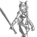  1:1 absurd_res acev anthro ari_the_blood_diamond_(acev) armor ear_tuft fantasy felid feline female hair hi_res light_armor longsword lynx mammal medieval melee_weapon monochrome solo sword tuft weapon 