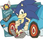  2019 anthro blue_body blue_fur bukikobuta car clothing crossed_legs eulipotyphlan footwear fur gloves green_eyes grin handwear hedgehog leaning leaning_back low_res male mammal shoes simple_background smile solo sonic_the_hedgehog sonic_the_hedgehog_(series) vehicle 