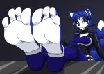  2017 4_toes absurd_res accessory anthro barefoot belt biped blue_body blue_fur blue_hair bodysuit canid canine clothing edit female foot_focus fox fur green_eyes hair hair_accessory hi_res jewelry krystal mammal mostlyfunstuff nintendo short_hair signature skinsuit smile soles solo star_fox tailband tight_clothing toes video_games white_body white_fur 
