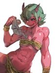  2019 3:4 asian_mythology bandeau bow_(artist) breasts carrying clothing demon duo east_asian_mythology female green_hair hair horn human humanoid japanese_mythology larger_female macro male mammal muscular muscular_female mythology not_furry oni red_body red_skin simple_background size_difference smaller_male topwear white_background yōkai 