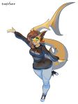  absurd_res alpha_channel anthro big_tail bottomwear breasts brown_hair claire_dunaway clothing female fish fluffy_ears footwear gesture green_eyes hair happy hi_res hoodie jeans marine non-mammal_breasts pants shark shoes solo topwear tragicfame waving 