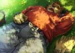  2020 anthro bottomwear brown_body brown_fur bunta_ru clothing eyes_closed fur humanoid_hands kemono lying male mammal outside pants shirt sleeping slightly_chubby solo topwear ursid 