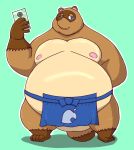  2020 animal_crossing anthro apron balls belly canid canine clothing genitals humanoid_hands kemono male mammal moobs nintendo nipples obese overweight overweight_male phone raccoon_dog simple_background solo tanuki tom_nook_(animal_crossing) usikuma6 video_games 
