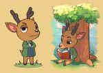  2020 adonyne animal_crossing anthro antlers beastars book brown_body brown_fur cervid clothed clothing crossover fur hi_res holding_book holding_object horn louis_(beastars) mammal nintendo outside reading sitting solo style_parody tree video_games 