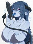  &lt;3 2019 big_breasts bikini bikini_top blue_body blue_hair blue_skin blue_tongue bodily_fluids breasts cleavage clothed clothing demon dildo dildo_lick fangs female hair hi_res horn huge_breasts humanoid humanoid_pointy_ears licking mofuaki not_furry red_eyes saliva sex_toy simple_background solo spade_tail swimwear tongue tongue_out white_background 