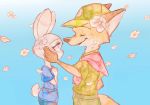  2020 anthro blue_background brown_body brown_fur canid canine clothing disney duo eyes_closed flower fox fur grey_body grey_fur hat headgear headwear hi_res judy_hopps lagomorph leporid looking_at_another mammal nick_wilde plant rabbit red_fox simple_background strawberry628_(artist) uniform young zootopia 