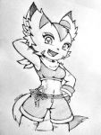  3:4 anthro arung98 belt bottomwear breasts carol_tea clothing crop_top cute_fangs felid feline felis female freedom_planet fur gloves hand_behind_head hand_on_hip handwear looking_at_viewer mammal markings midriff monochrome navel neckerchief open_mouth open_smile shirt shorts sketch smile solo topwear tuft video_games wildcat 