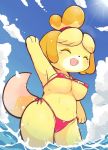  accessory animal_crossing anthro big_breasts bikini blonde_hair breasts canid canine canis cleavage clothed clothing domestic_dog eyes_closed female fur gesture hair hair_accessory hair_tie isabelle_(animal_crossing) kajiura mammal nintendo open_mouth open_smile partially_submerged shih_tzu sky smile solo swimwear toy_dog video_games water waving yellow_body yellow_fur 