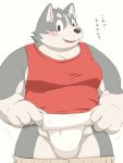  2020 3:4 anthro belly blush bulge canid canine canis clothing domestic_dog humanoid_hands japanese_text kemono male mammal meg_hoi shirt simple_background slightly_chubby solo text topwear underwear white_background 
